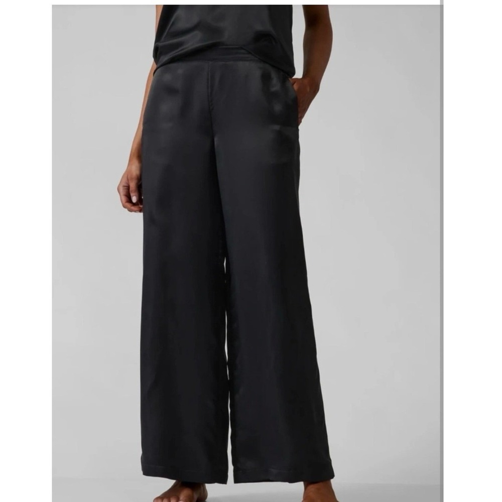 Athleta Calm Cool Wide Leg Satin Pants Black Cupro Rayon High Rise- Small